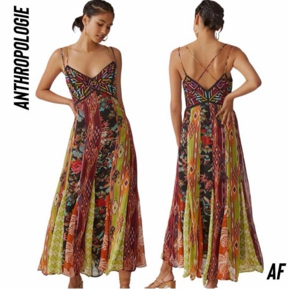 Anthropologie Colorful Multi-Print Maxi Dress